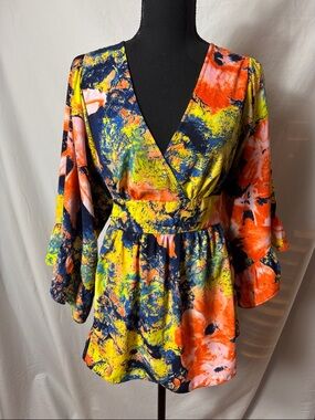 Betsey Johnson Yellow & Blue Abstract Print Top
